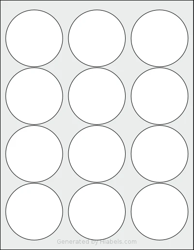 Koala® 2.5R template with 12 circle labels per sheet, each 2.5 inch in diameter, on Letter-size adhesive blank label sheets.