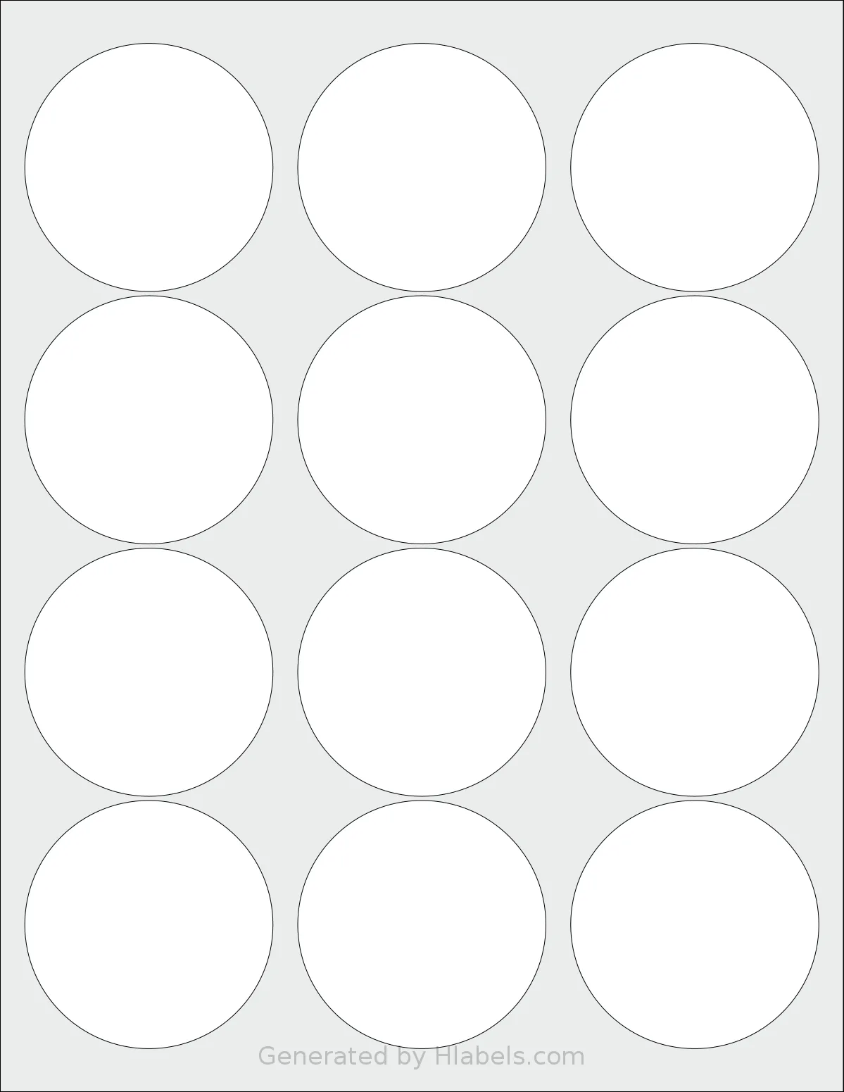 Koala® 2.5R template with 12 circle labels per sheet, each 2.5 inch in diameter, on Letter-size adhesive blank label sheets.