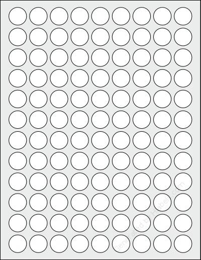 LabelOutfitters® 075075-20 template with 108 circle labels per sheet, each 0.75 inch in diameter, on Letter-size adhesive blank label sheets.