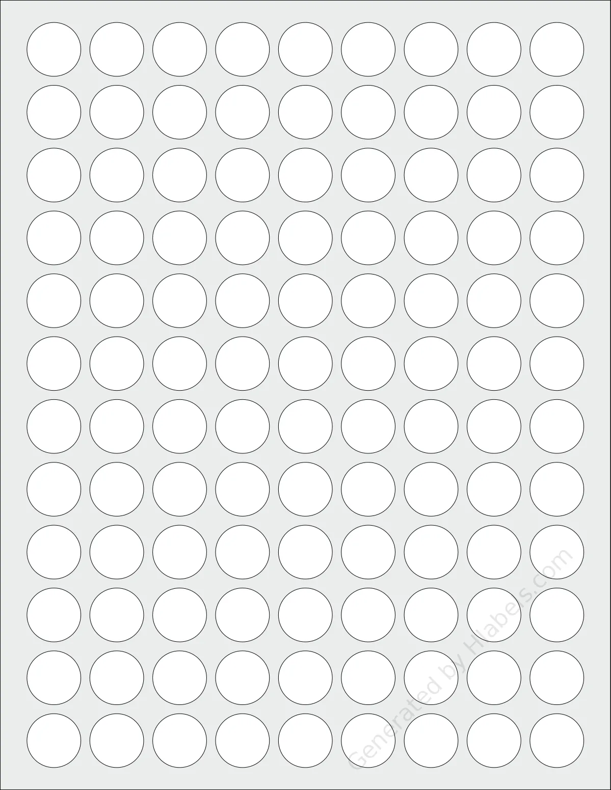 LabelOutfitters® 075075-20 template with 108 circle labels per sheet, each 0.75 inch in diameter, on Letter-size adhesive blank label sheets.