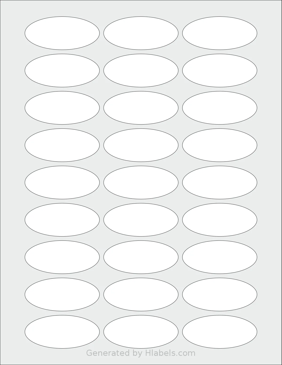 LabelOutfitters® 225100 template with 27 oval 2.25 x 1 inch labels per sheet, on Letter-size adhesive blank label sheets.