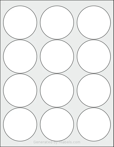 LabelOutfitters® 250250 template with 12 circle labels per sheet, each 2.5 inch in diameter, on Letter-size adhesive blank label sheets.
