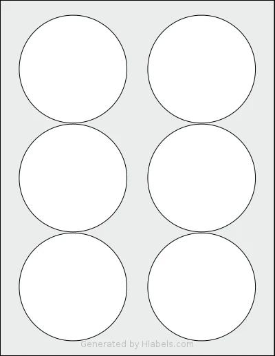 LabelOutfitters® 333333 template with 6 circle labels per sheet, each 3.333 inch in diameter, on Letter-size adhesive blank label sheets.