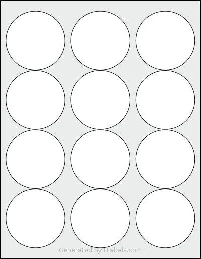 Labelsbythesheet® 0024 template with 12 circle labels per sheet, each 2.5 inch in diameter, on Letter-size adhesive blank label sheets.