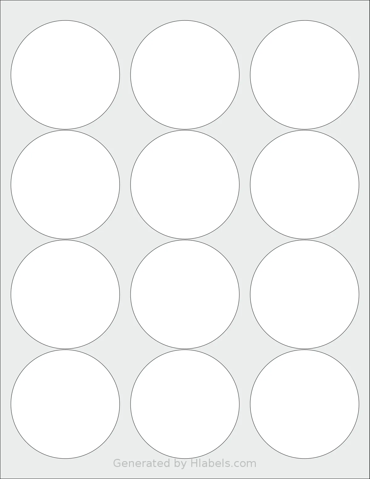 Labelsbythesheet® 0024 template with 12 circle labels per sheet, each 2.5 inch in diameter, on Letter-size adhesive blank label sheets.