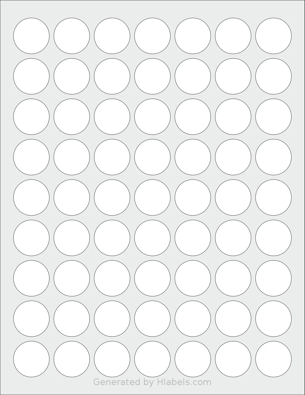 Labelsbythesheet® 0034 template with 63 circle labels per sheet, each 1 inch in diameter, on Letter-size adhesive blank label sheets.