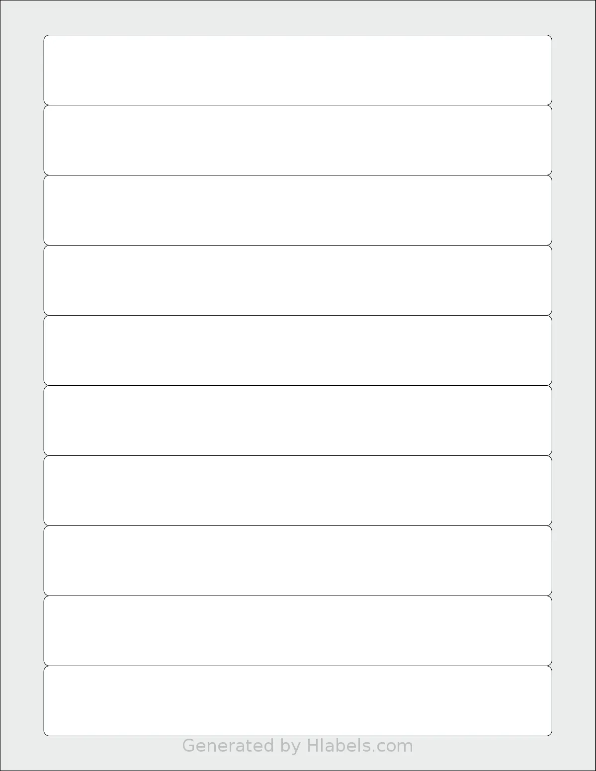 Labelsbythesheet® 0203 template with 10 rectangular 7.25 x 1 inch labels per sheet, on Letter-size adhesive blank label sheets.