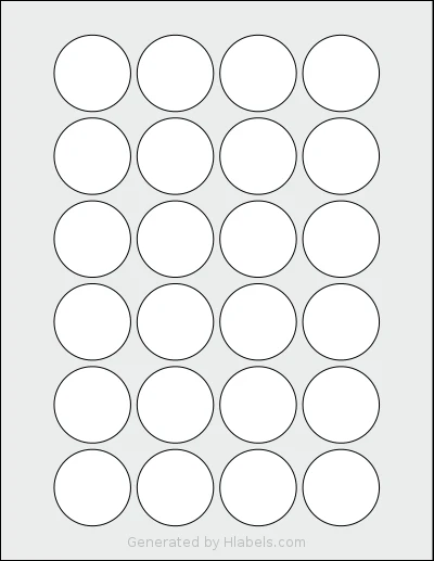 Labelsbythesheet® 0424 template with 24 circle labels per sheet, each 1.5 inch in diameter, on Letter-size adhesive blank label sheets.
