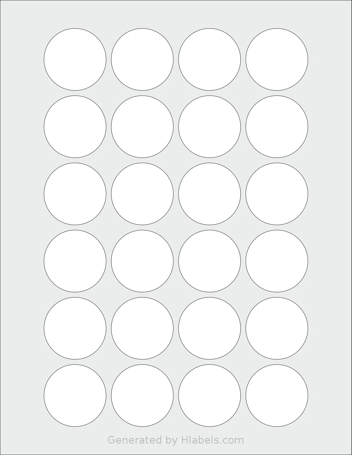 Labelsbythesheet® 0424 template with 24 circle labels per sheet, each 1.5 inch in diameter, on Letter-size adhesive blank label sheets.
