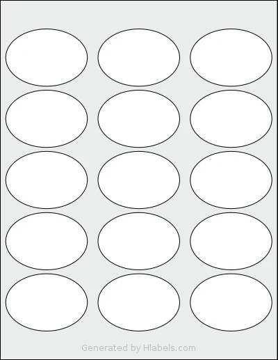 Labelsbythesheet® 0434 template with 15 oval 2.5 x 1.75 inch labels per sheet, on Letter-size adhesive blank label sheets.