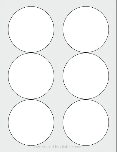 Labelsbythesheet® 0814 template with 6 circle labels per sheet, each 3.33 inch in diameter, on Letter-size adhesive blank label sheets.