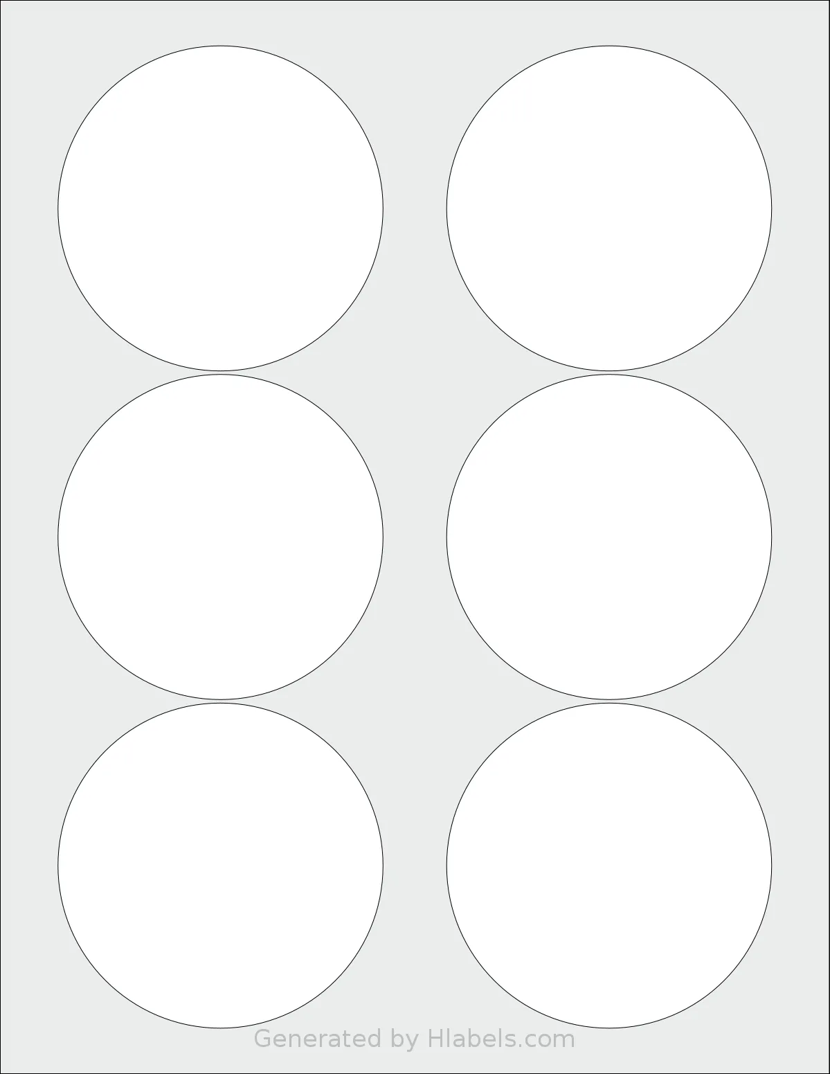 Labelsbythesheet® 0814 template with 6 circle labels per sheet, each 3.33 inch in diameter, on Letter-size adhesive blank label sheets.