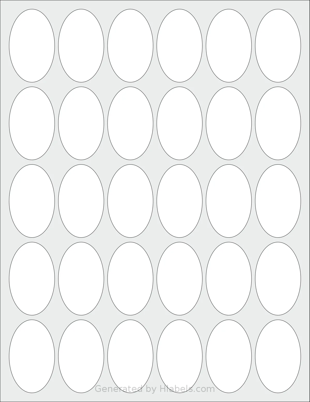 Labelsbythesheet® 0834 template with 30 oval 1.25 x 2 inch labels per sheet, on Letter-size adhesive blank label sheets.