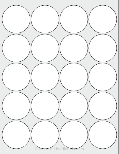 Labelsbythesheet® 1224 template with 20 circle labels per sheet, each 2 inch in diameter, on Letter-size adhesive blank label sheets.