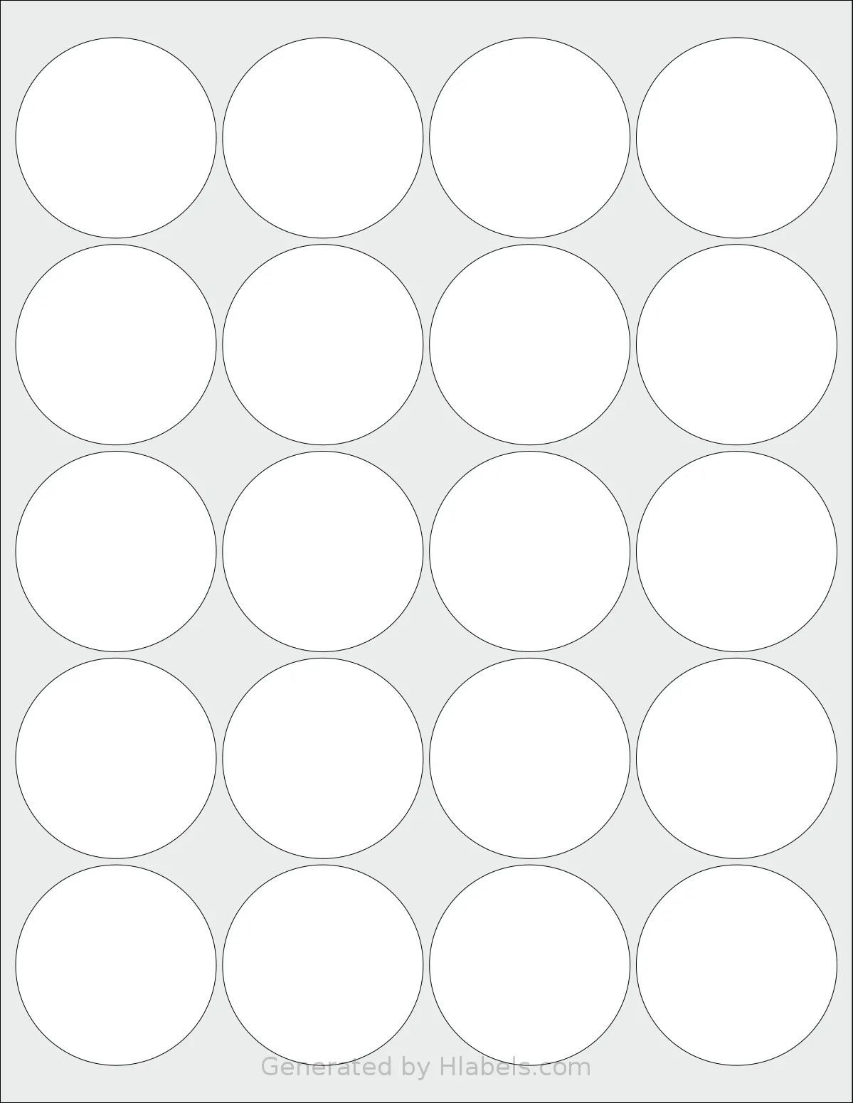 Labelsbythesheet® 1224 template with 20 circle labels per sheet, each 2 inch in diameter, on Letter-size adhesive blank label sheets.