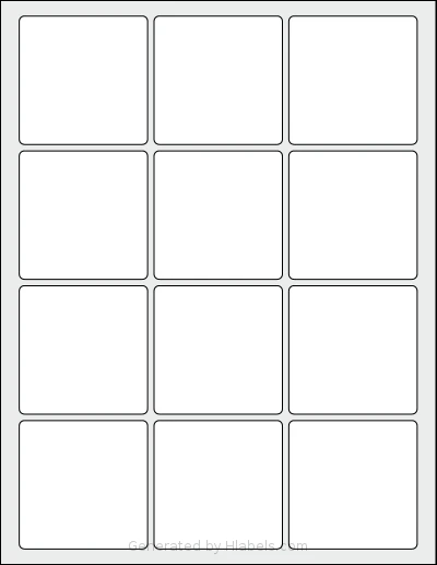 Labelsbythesheet® 1403 template with 12 square 2.5 x 2.5 inch labels per sheet, on Letter-size adhesive blank label sheets.