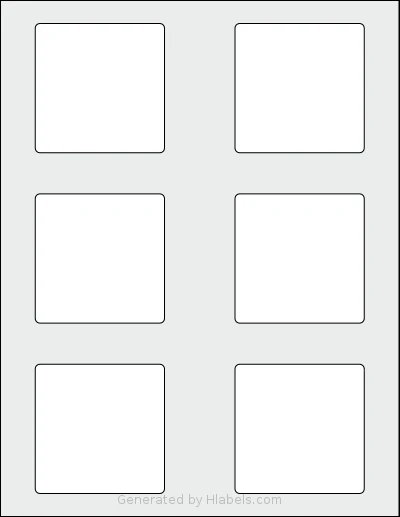 Labelsbythesheet® 2281 template with 6 square 2.75 x 2.75 inch labels per sheet, on Letter-size adhesive blank label sheets.
