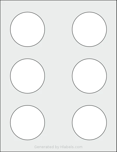 Labelsbythesheet® 2814 template with 6 circle labels per sheet, each 2.5 inch in diameter, on Letter-size adhesive blank label sheets.