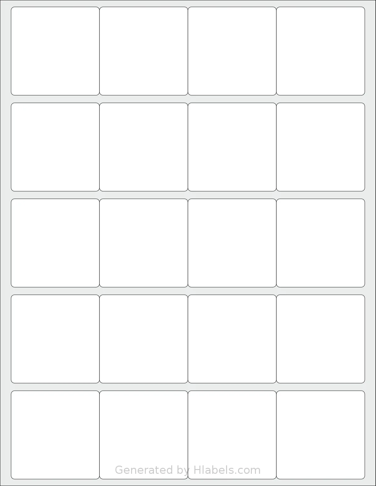 Labelsbythesheet® 5243 template with 20 square 2 x 2 inch labels per sheet, on Letter-size adhesive blank label sheets.