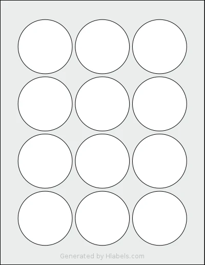 Labelsbythesheet® 9914 template with 12 circle labels per sheet, each 2.25 inch in diameter, on Letter-size adhesive blank label sheets.
