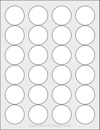 LaserInkjetLabels® 1670CR template with 24 circle labels per sheet, each 1.63 inch in diameter, on Letter-size adhesive blank label sheets.