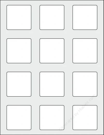 Lliked® 12 template with 12 square 2 x 2 inch labels per sheet, on Letter-size adhesive blank label sheets.