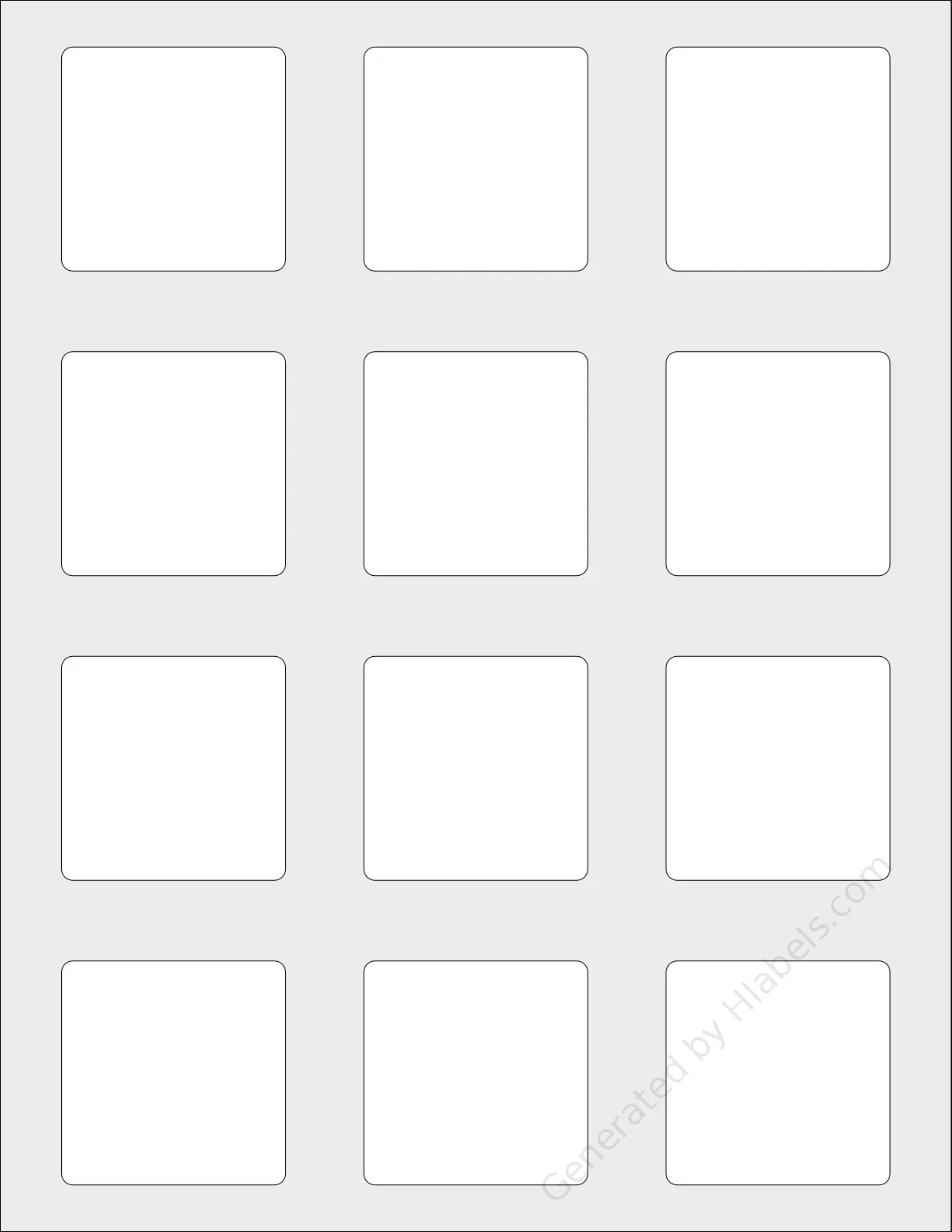 Lliked® 12 template with 12 square 2 x 2 inch labels per sheet, on Letter-size adhesive blank label sheets.
