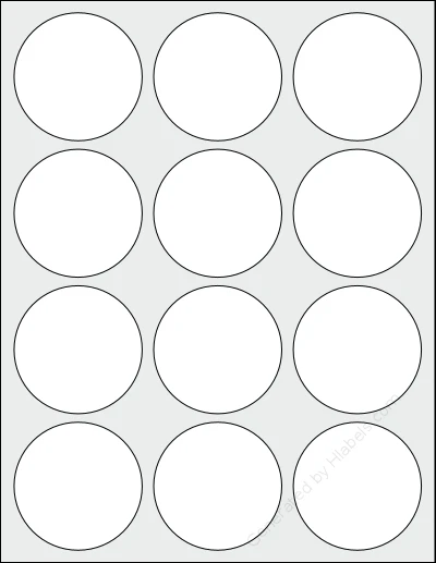 Lliked® 12R template with 12 circle labels per sheet, each 2.5 inch in diameter, on Letter-size adhesive blank label sheets.