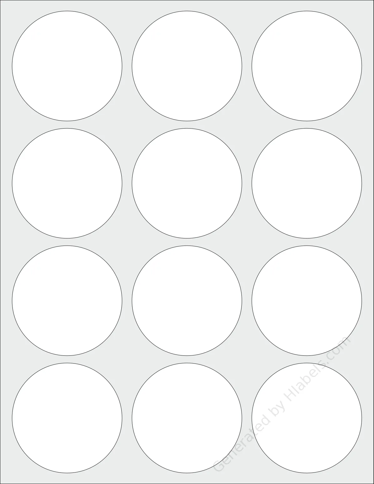 Lliked® 12R template with 12 circle labels per sheet, each 2.5 inch in diameter, on Letter-size adhesive blank label sheets.