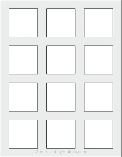 MrLabel® MR840 template with 12 square 2 x 2 inch labels per sheet, on Letter-size adhesive blank label sheets.