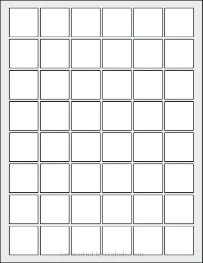MrLabel® MR910 template with 48 square 1.2047 x 1.2047 inch labels per sheet, on Letter-size adhesive blank label sheets.