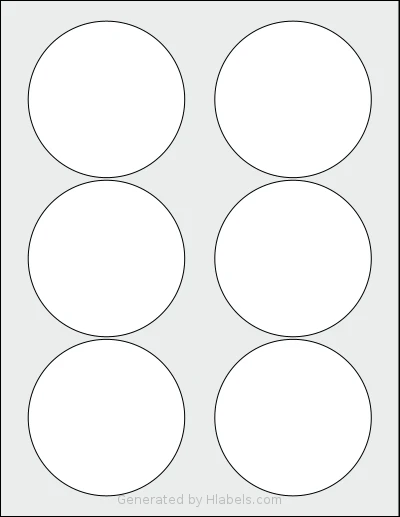 NextDayLabels® NDL-1225 template with 6 circle labels per sheet, each 3.33 inch in diameter, on Letter-size adhesive blank label sheets.