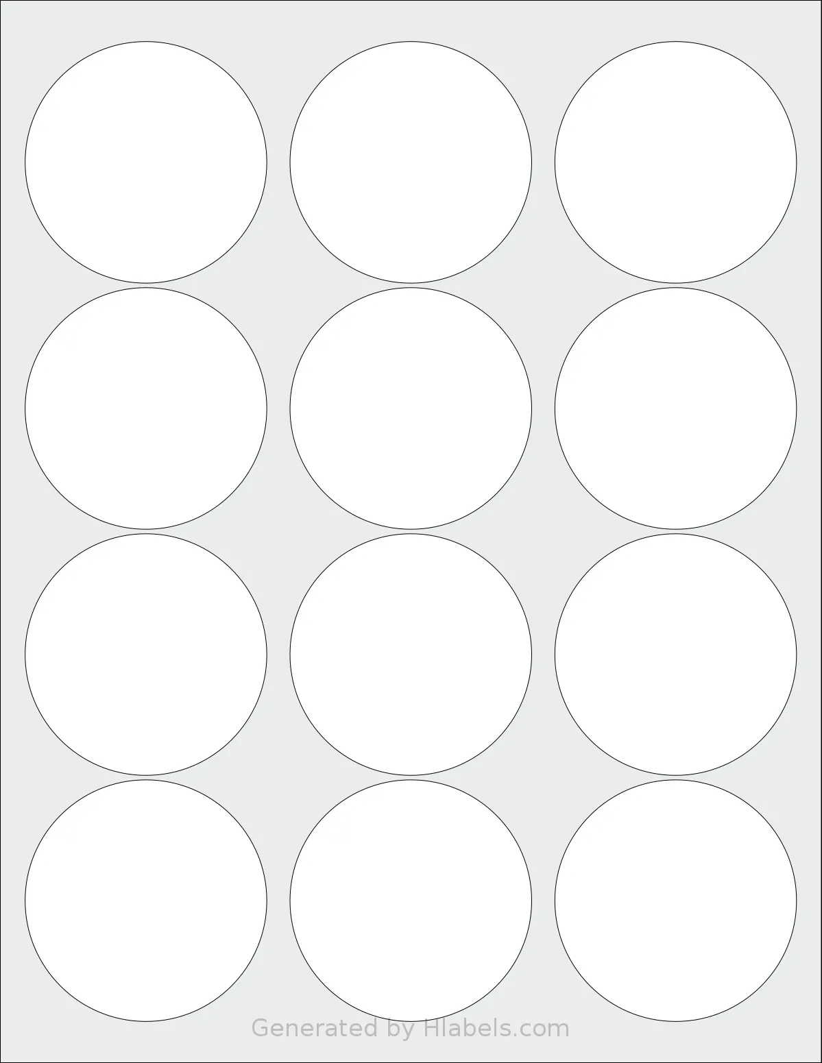 NextDayLabels® NDL-12CF template with 12 circle labels per sheet, each 2.5 inch in diameter, on Letter-size adhesive blank label sheets.