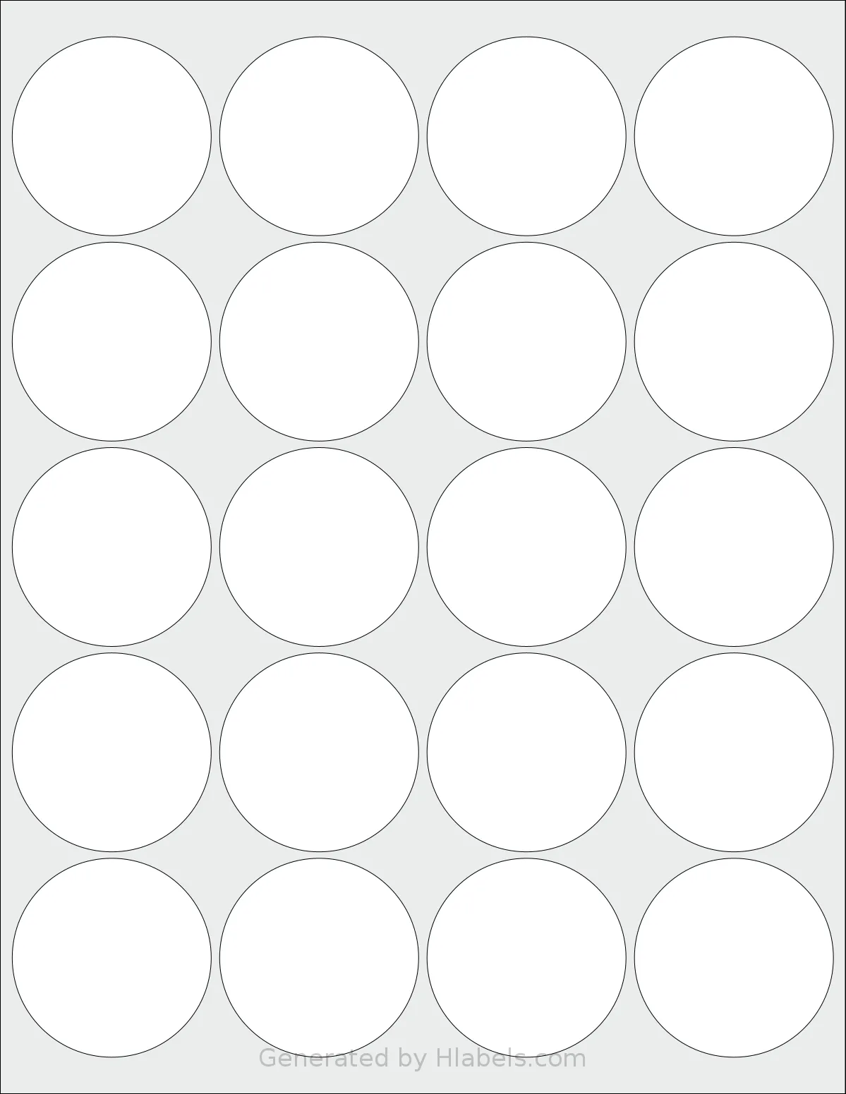NextDayLabels® NDL-2291 template with 20 circle labels per sheet, each 2 inch in diameter, on Letter-size adhesive blank label sheets.