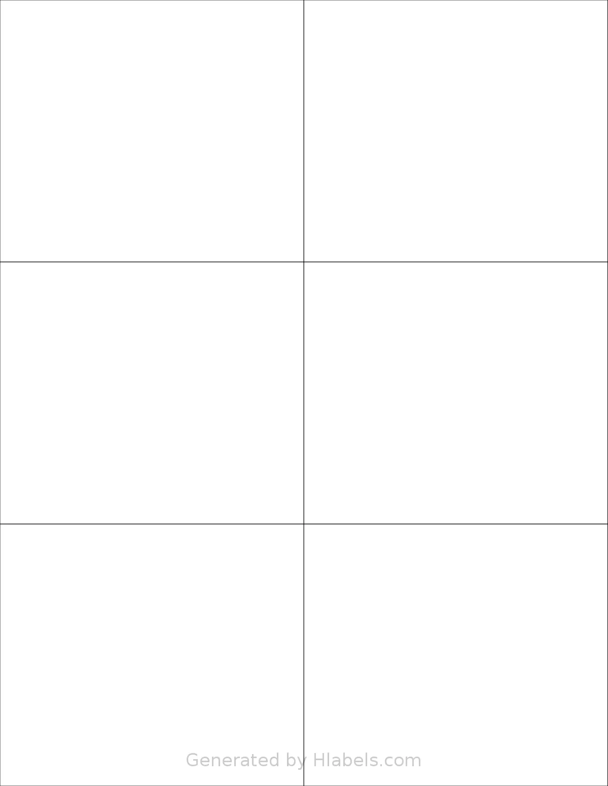 NextDayLabels® NDL-6UP template with 6 rectangular 4.25 x 3.666 inch labels per sheet, on Letter-size adhesive blank label sheets.