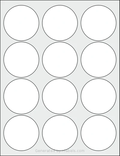 Nicbuy® 25 template with 12 circle labels per sheet, each 2.5 inch in diameter, on Letter-size adhesive blank label sheets.