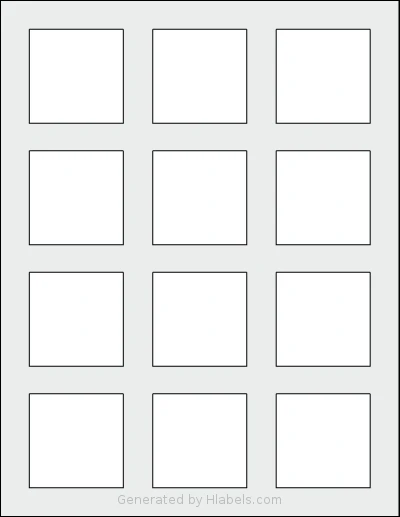 Nicbuy® 2x2 template with 12 square 2 x 2 inch labels per sheet, on Letter-size adhesive blank label sheets.