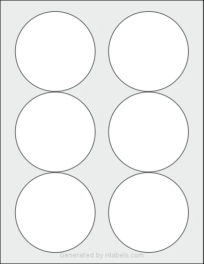OfficeSmartLabels® O-LWC006 template with 6 circle labels per sheet, each 3.33 inch in diameter, on Letter-size adhesive blank label sheets.