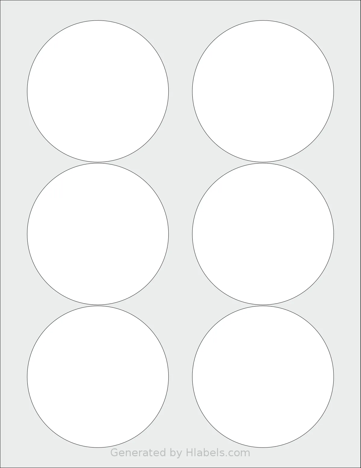 OfficeSmartLabels® O-LWC006 template with 6 circle labels per sheet, each 3.33 inch in diameter, on Letter-size adhesive blank label sheets.