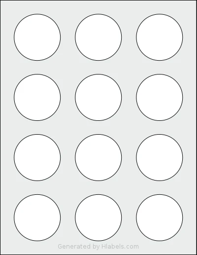 OfficeSmartLabels® O-LWC012-1-S template with 12 circle labels per sheet, each 2 inch in diameter, on Letter-size adhesive blank label sheets.