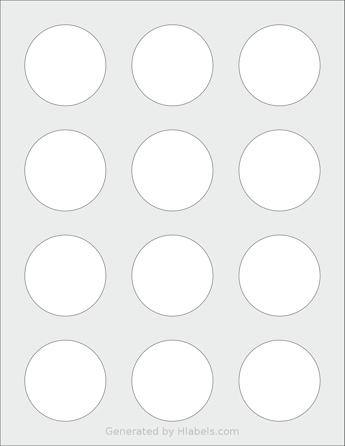 OfficeSmartLabels® O-LWC012-1-S template with 12 circle labels per sheet, each 2 inch in diameter, on Letter-size adhesive blank label sheets.