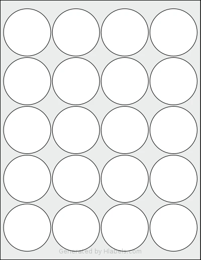 OfficeSmartLabels® O-LWC020 template with 20 circle labels per sheet, each 2 inch in diameter, on Letter-size adhesive blank label sheets.