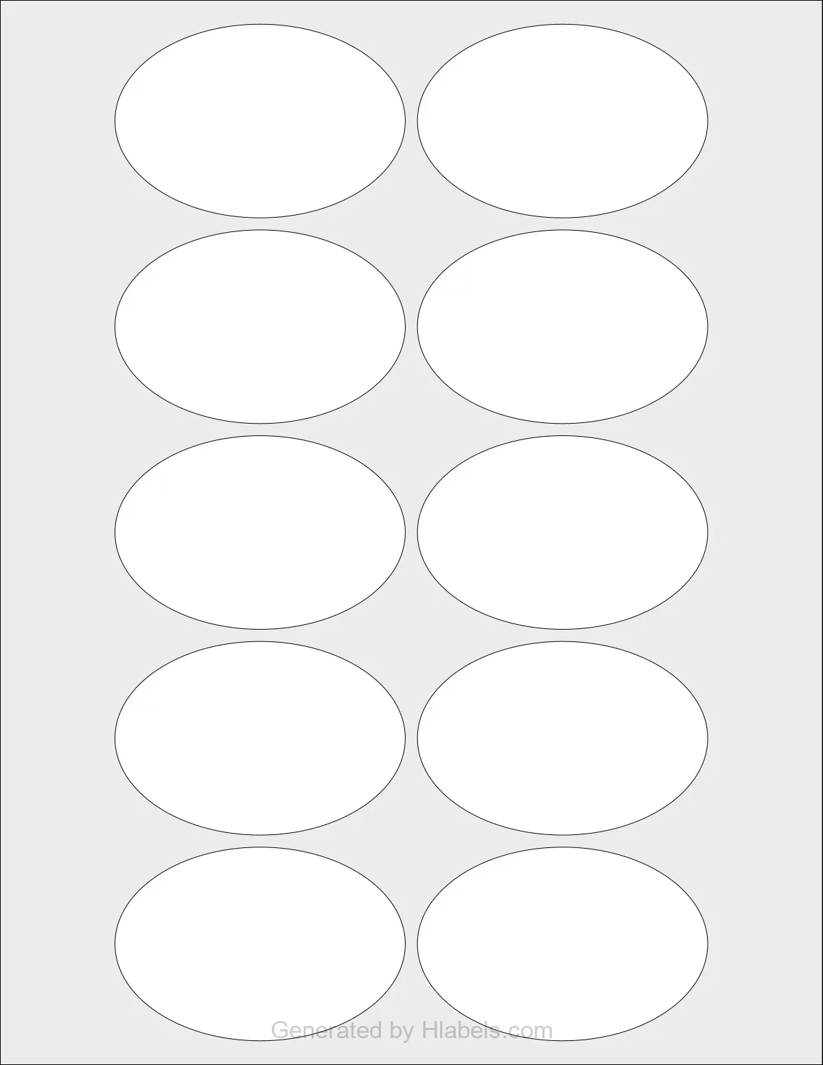 OnlineLabels® OL1026 template with 10 oval 3 x 2 inch labels per sheet, on Letter-size adhesive blank label sheets.