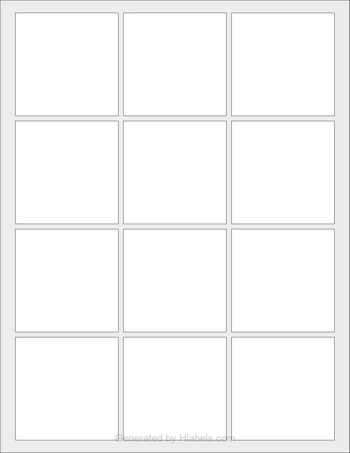 OnlineLabels® OL1185 template with 12 square 2.5 x 2.5 inch labels per sheet, on Letter-size adhesive blank label sheets.