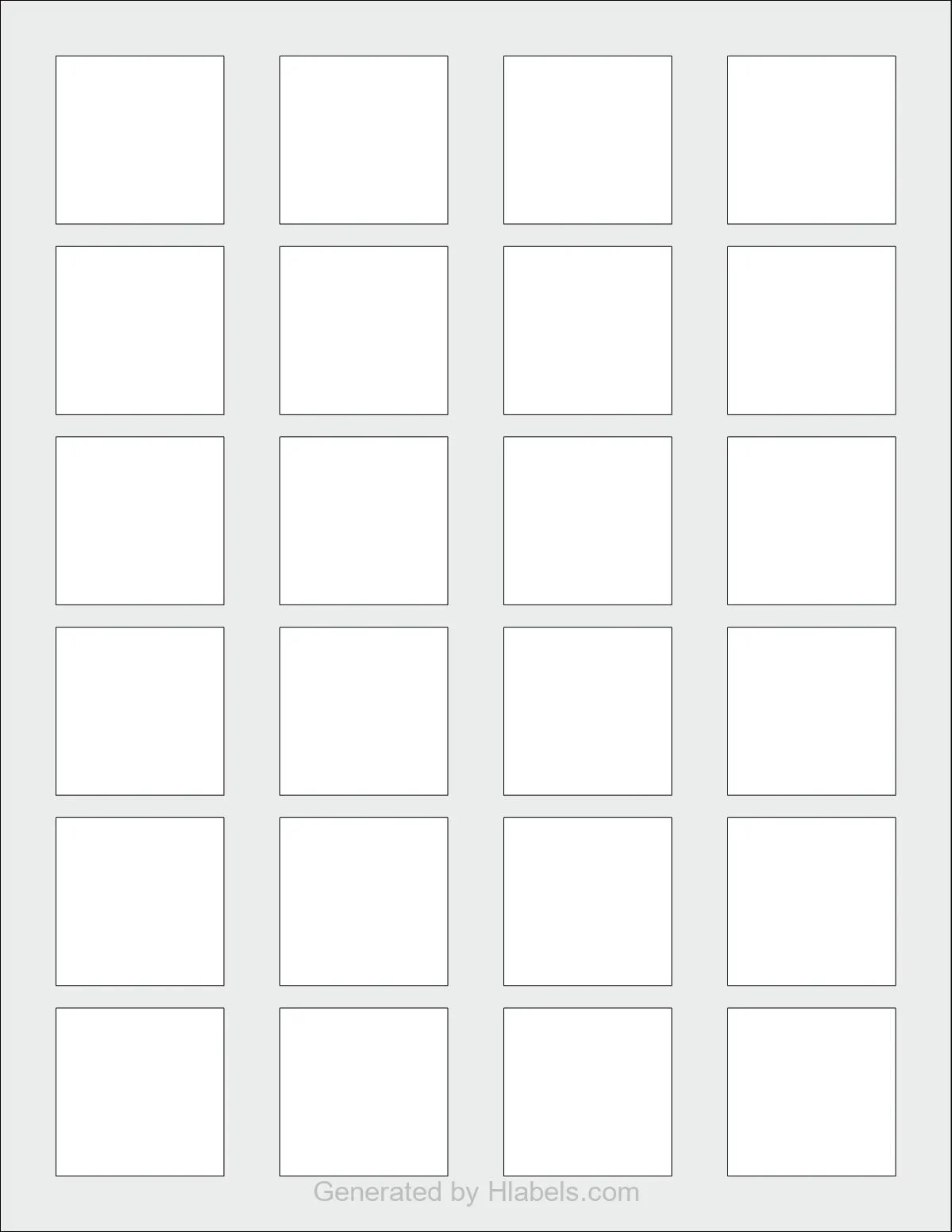 OnlineLabels® OL1330 template with 24 square 1.5 x 1.5 inch labels per sheet, on Letter-size adhesive blank label sheets.
