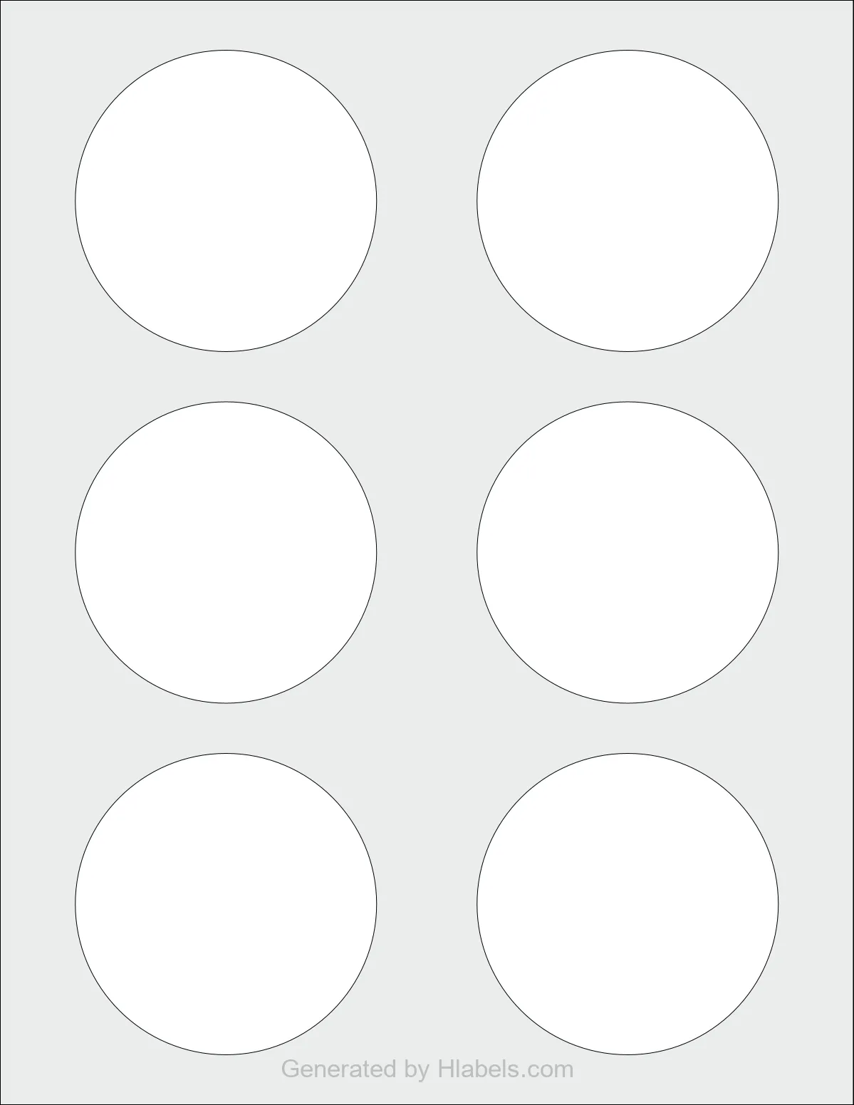 OnlineLabels® OL2279 template with 6 circle labels per sheet, each 3 inch in diameter, on Letter-size adhesive blank label sheets.