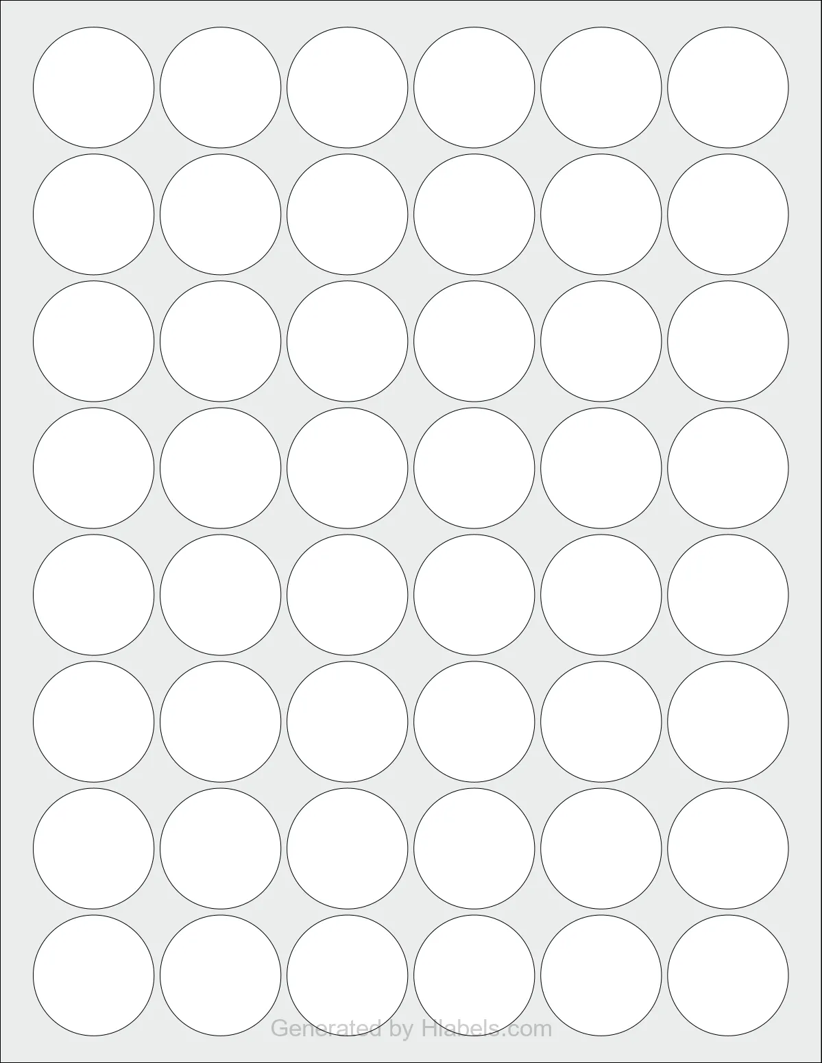 OnlineLabels® OL3012 template with 48 circle labels per sheet, each 1.25 inch in diameter, on Letter-size adhesive blank label sheets.