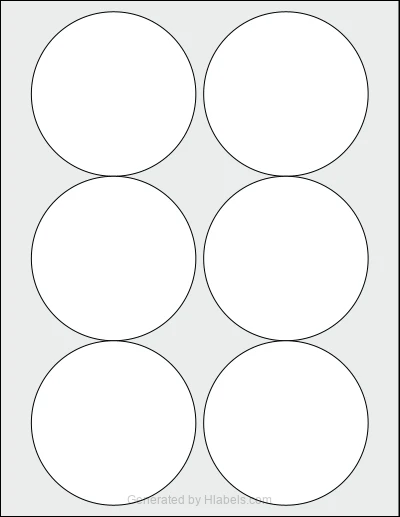 OnlineLabels® OL3282 template with 6 circle labels per sheet, each 3.5 inch in diameter, on Letter-size adhesive blank label sheets.