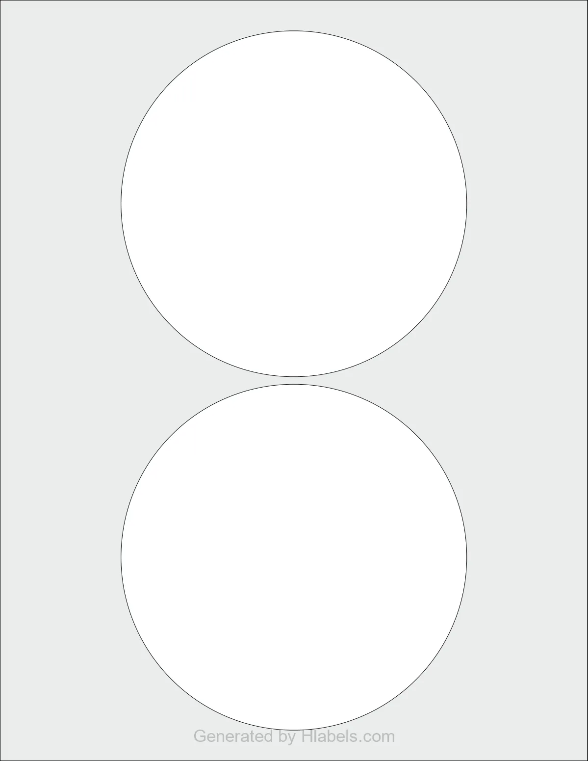 OnlineLabels® OL9950 template with 2 circle labels per sheet, each 5 inch in diameter, on Letter-size adhesive blank label sheets.