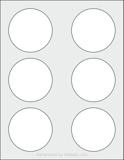 PonyPackaging® HB-C006 template with 6 circle labels per sheet, each 3 inch in diameter, on Letter-size adhesive blank label sheets.